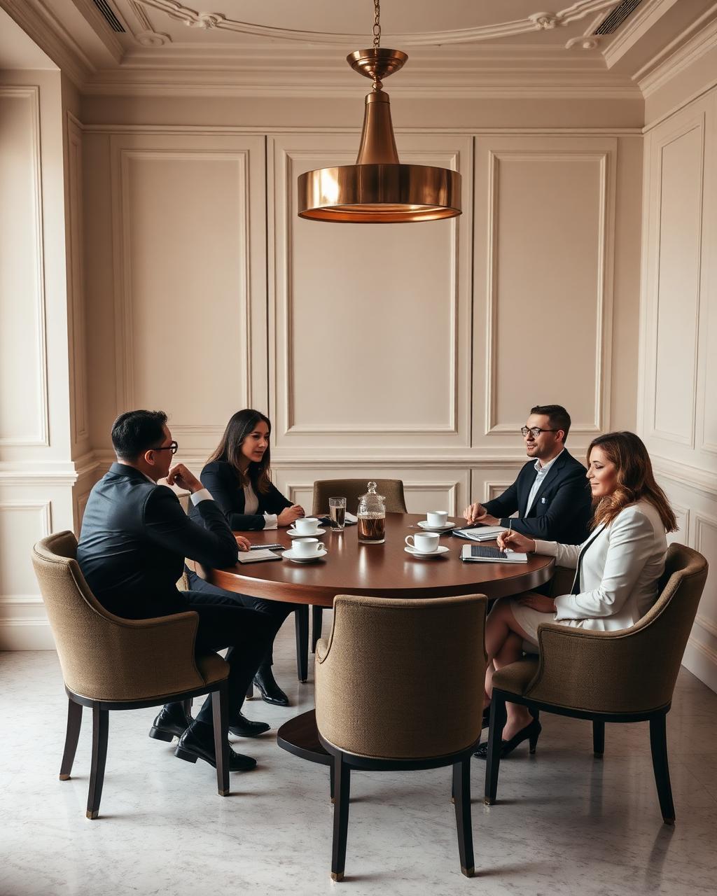 Brokerage leaders in discussion around a walnut table